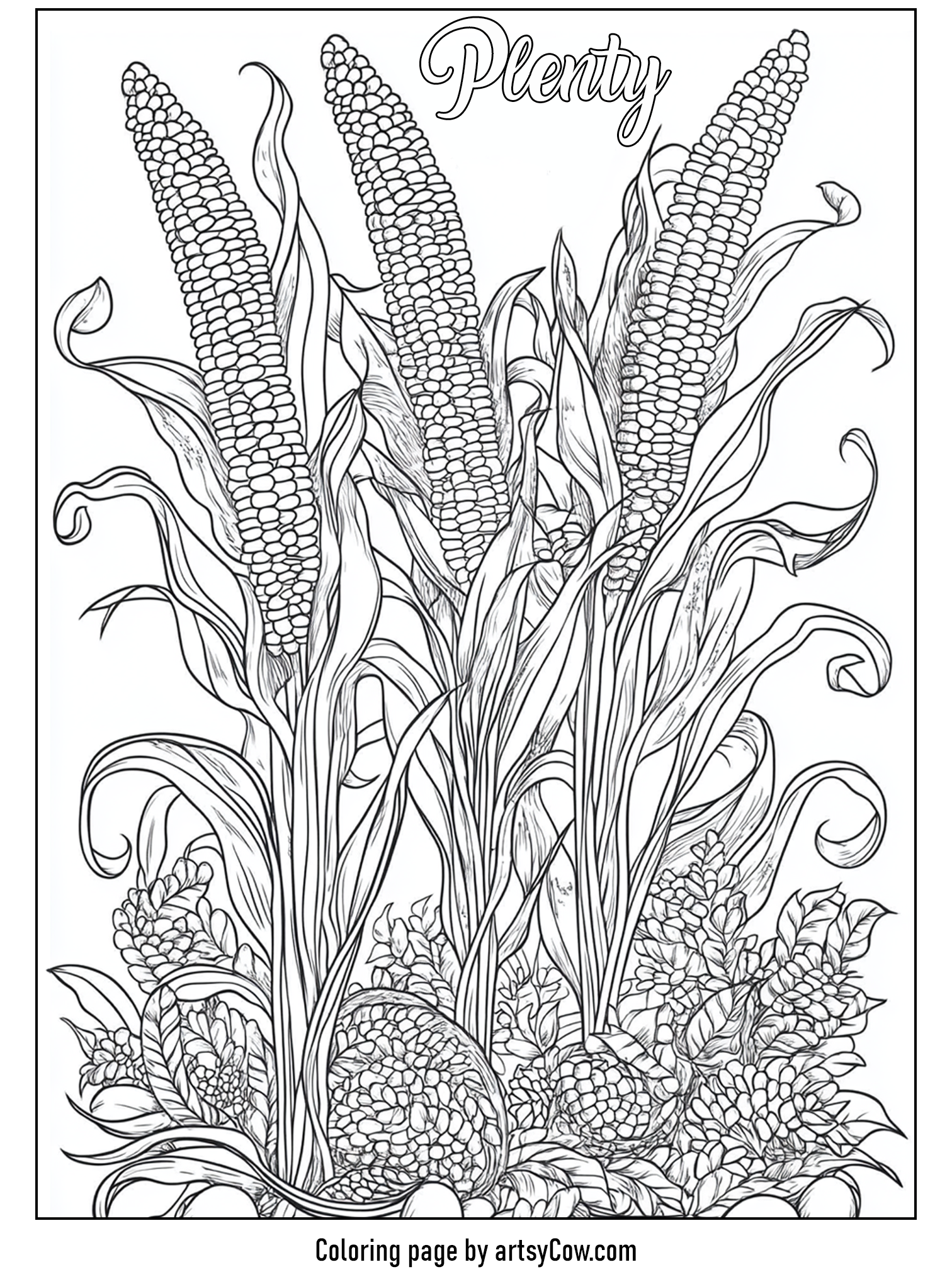 thanksgiving coloring pages for adults depicting detailed corn stalks surrounded by autumn foliage, showcasing the concept of harvest plenty.